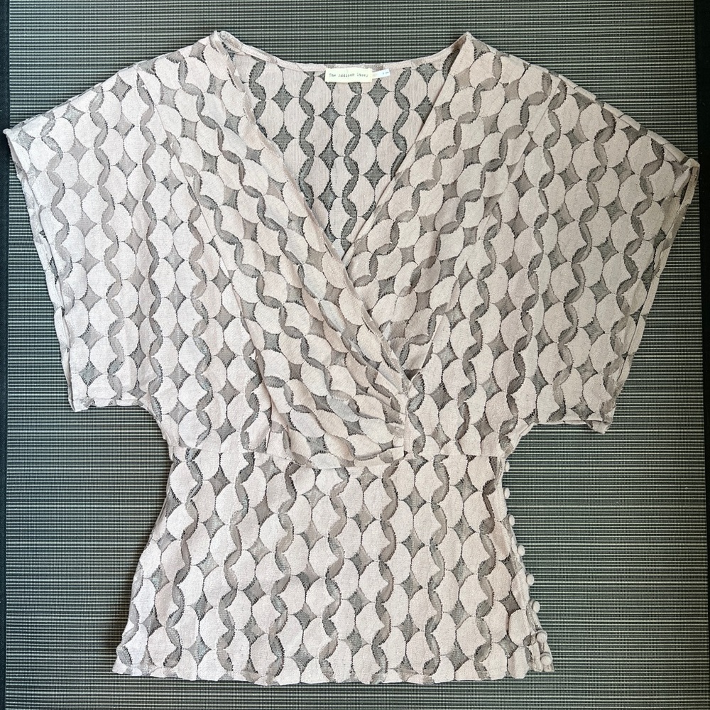 Anthropologie Beige and Gray Patterned Wrap-Style Top